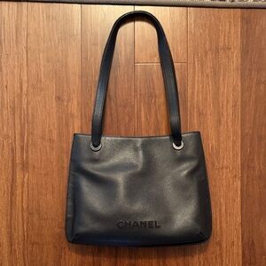 CHANEL Caviar Logo Black Leather Shoulder Tote with Embossed Logo